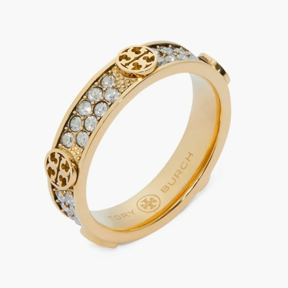 Tory Burch Gold Crystal Icon Pave Logo Ring - Size 6.5 - NWOT - MSRP $150